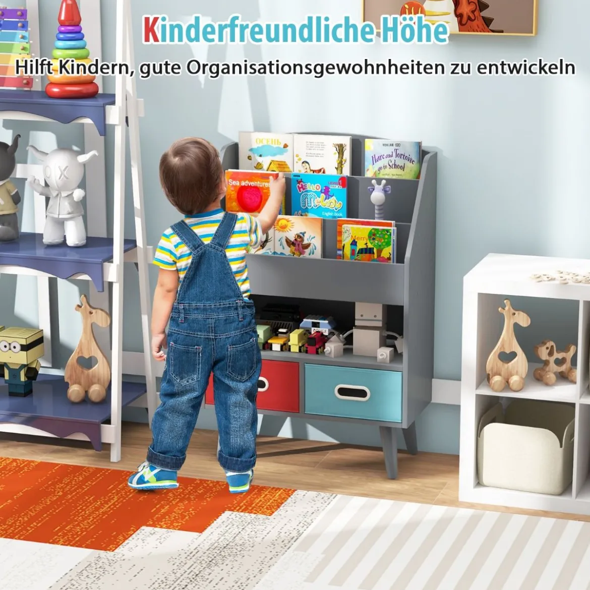 Bücherregal Kinder Kinderregal mit 3 Ablagen & offenem Fach & 2 Stoffschubladen Grau/Weiß