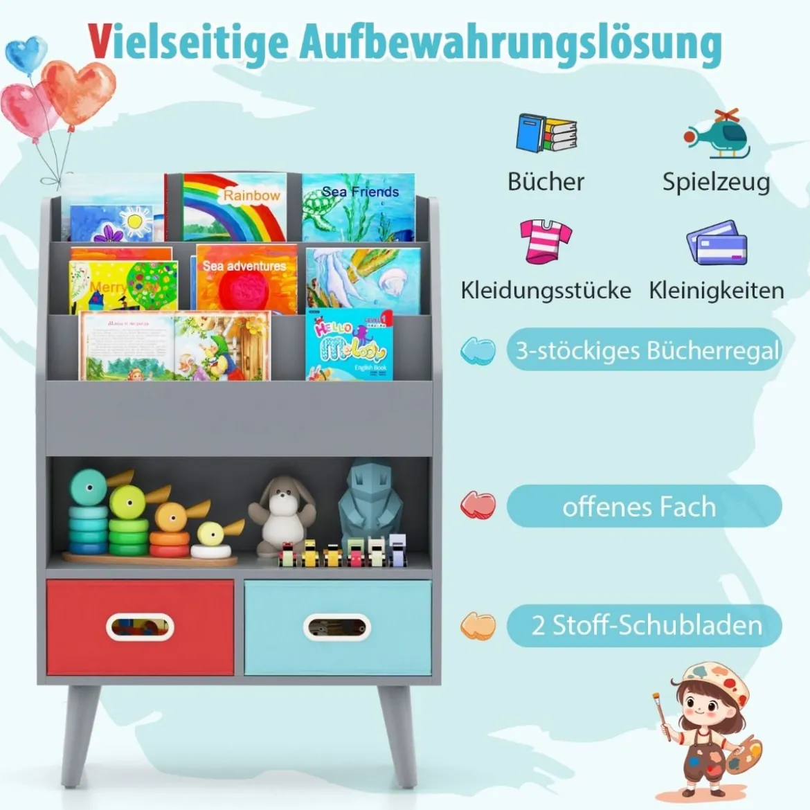 Bücherregal Kinder Kinderregal mit 3 Ablagen & offenem Fach & 2 Stoffschubladen Grau/Weiß