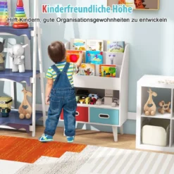 Bücherregal Kinder Kinderregal mit 3 Ablagen & offenem Fach & 2 Stoffschubladen Grau/Weiß