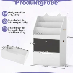 Bücherregal Kinderregal mit 2 Haken 3 Regalen & Schrank Spielzeugregal mit Abnehmbarer Schublade Weiß