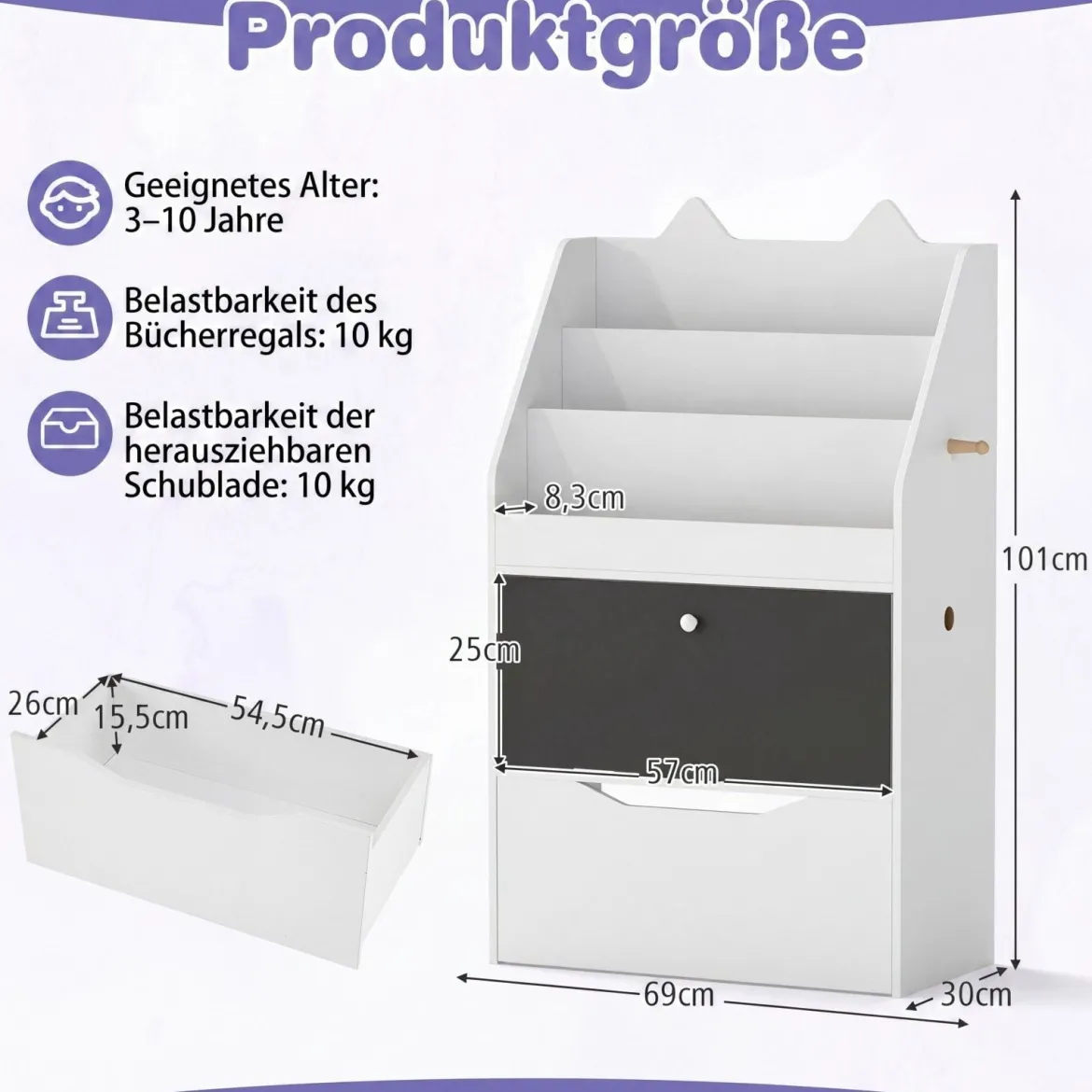 Bücherregal Kinderregal mit 2 Haken 3 Regalen & Schrank Spielzeugregal mit Abnehmbarer Schublade Weiß