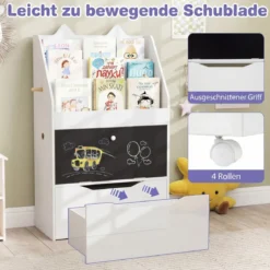 Bücherregal Kinderregal mit 2 Haken 3 Regalen & Schrank Spielzeugregal mit Abnehmbarer Schublade Weiß
