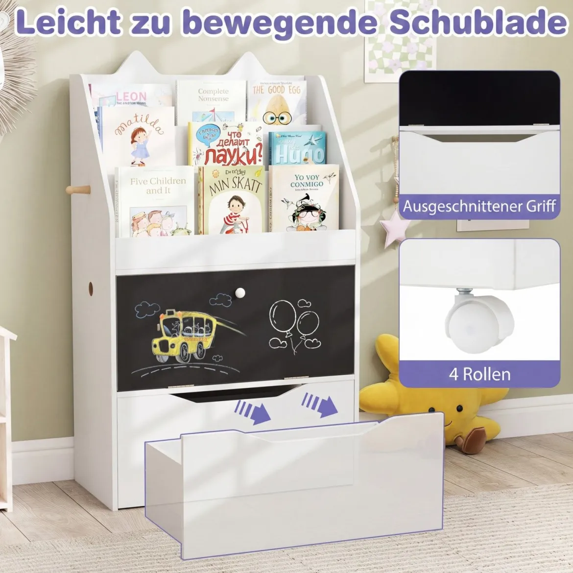 Bücherregal Kinderregal mit 2 Haken 3 Regalen & Schrank Spielzeugregal mit Abnehmbarer Schublade Weiß