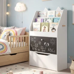 Bücherregal Kinderregal mit 2 Haken 3 Regalen & Schrank Spielzeugregal mit Abnehmbarer Schublade Weiß