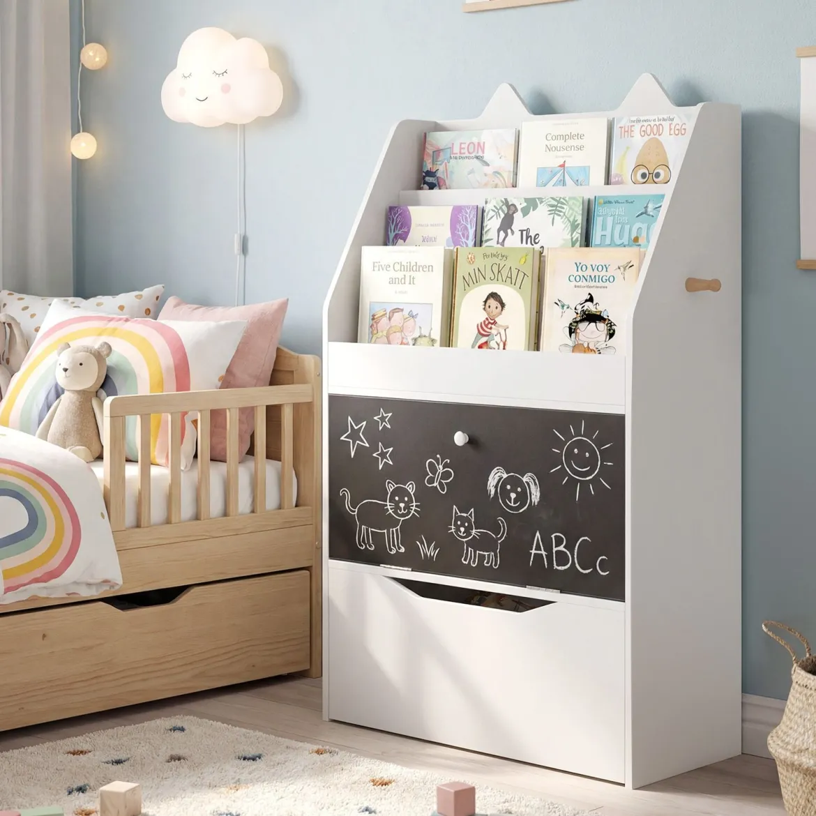 Bücherregal Kinderregal mit 2 Haken 3 Regalen & Schrank Spielzeugregal mit Abnehmbarer Schublade Weiß