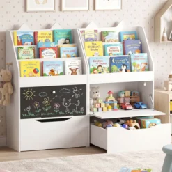 Bücherregal Kinderregal mit 2 Haken 3 Regalen & Schrank Spielzeugregal mit Abnehmbarer Schublade Weiß