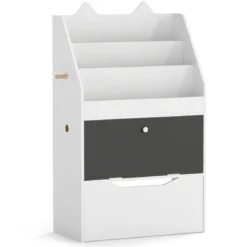 Bücherregal Kinderregal mit 2 Haken 3 Regalen & Schrank Spielzeugregal mit Abnehmbarer Schublade Weiß