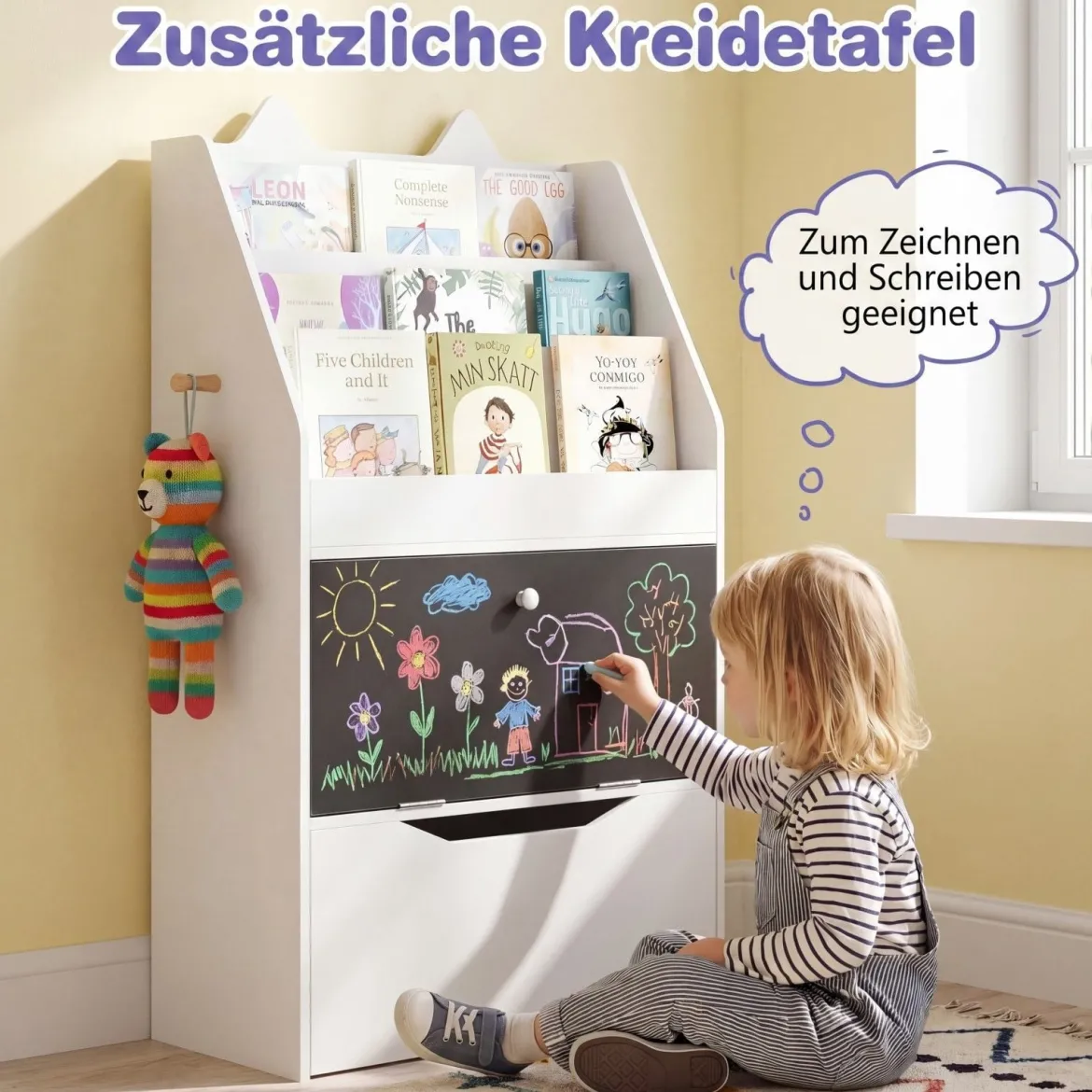 Bücherregal Kinderregal mit 2 Haken 3 Regalen & Schrank Spielzeugregal mit Abnehmbarer Schublade Weiß