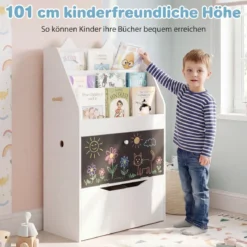 Bücherregal Kinderregal mit 2 Haken 3 Regalen & Schrank Spielzeugregal mit Abnehmbarer Schublade Weiß