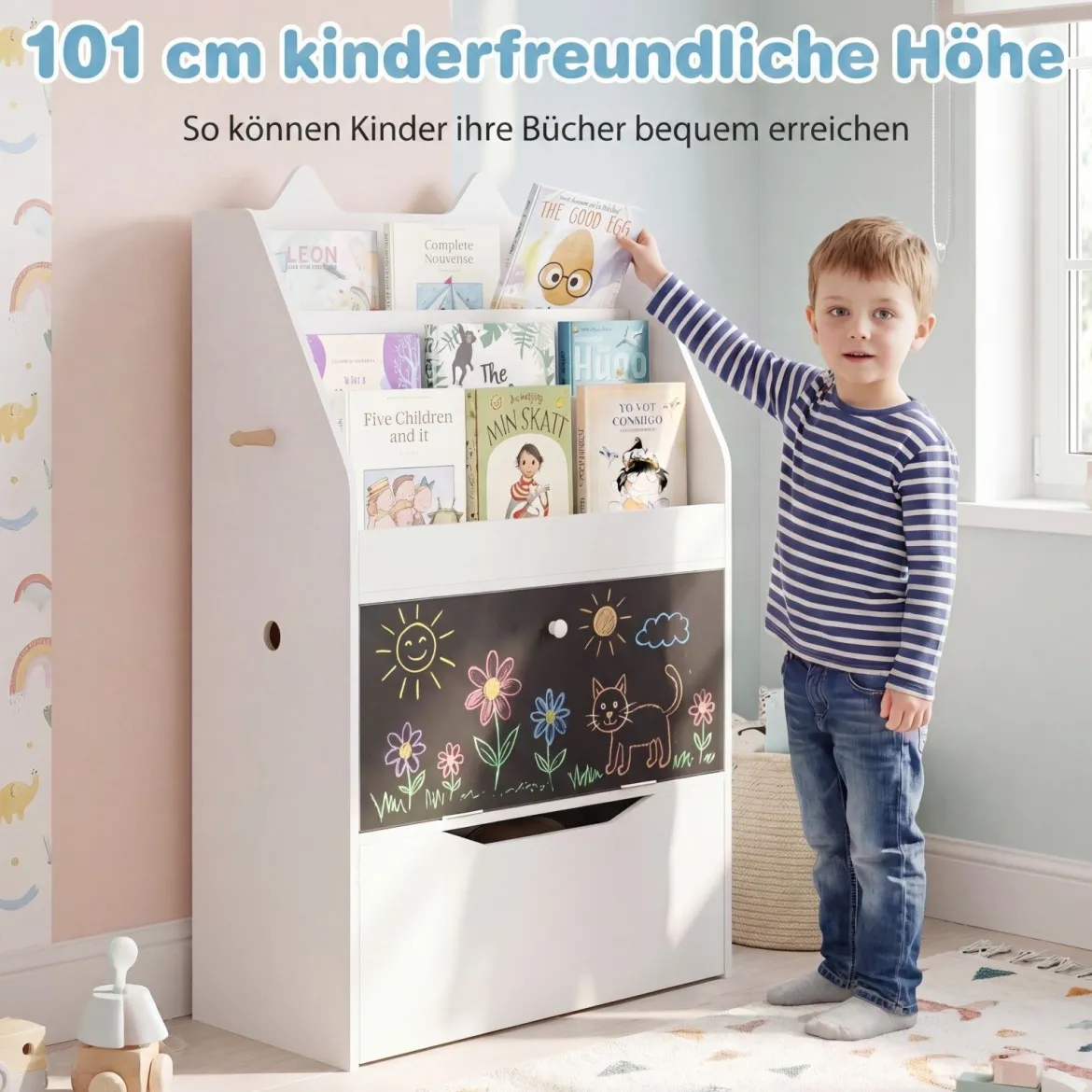 Bücherregal Kinderregal mit 2 Haken 3 Regalen & Schrank Spielzeugregal mit Abnehmbarer Schublade Weiß