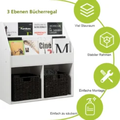 Bücherregal Kinderregal Spielzeugkiste mit 3 Fächern Weiß Holz 73 x 30 x 80 cm