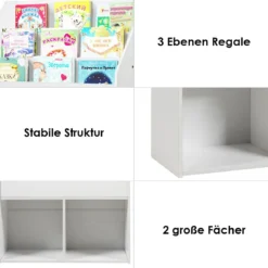 Bücherregal Kinderregal Spielzeugkiste mit 3 Fächern Weiß Holz 73 x 30 x 80 cm