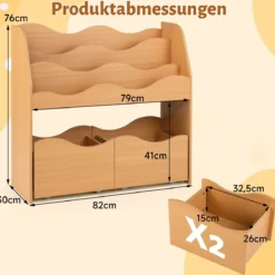 Bücherregal Kinder Spielzeugregal mit 3 Wellenförmigen Ebenen & Abnehmbaren Schubladen Natur