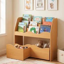 Bücherregal Kinder Spielzeugregal mit 3 Wellenförmigen Ebenen & Abnehmbaren Schubladen Natur