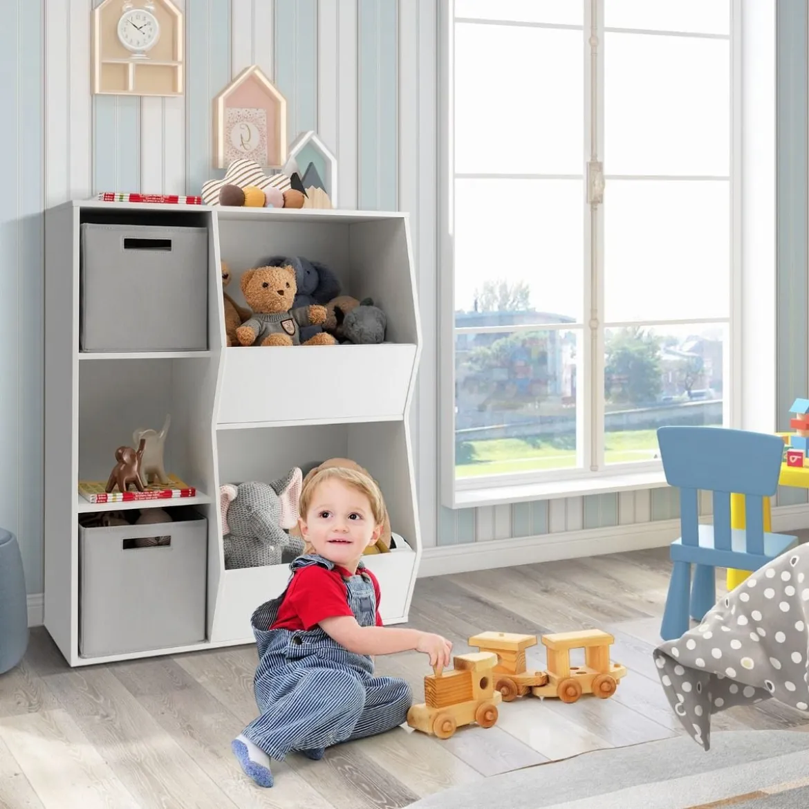 Bücherregal Kinder 3-stöckiges Kinderregal mit 2 Boxen & 5 Fächern 77 x 29 x 94 cm Weiß+Grau