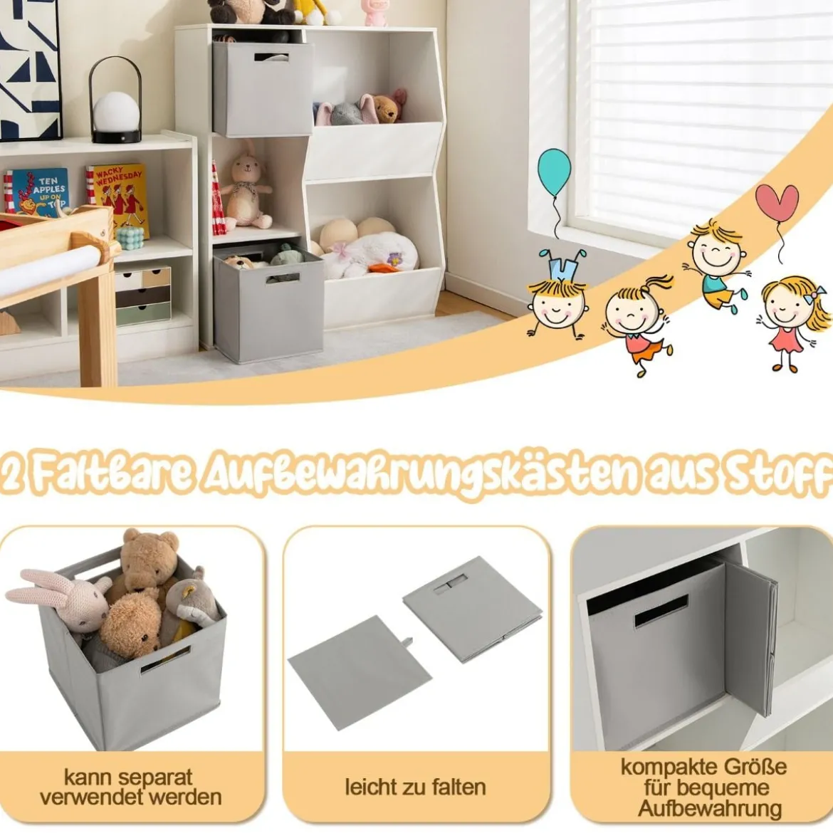 Bücherregal Kinder 3-stöckiges Kinderregal mit 2 Boxen & 5 Fächern 77 x 29 x 94 cm Weiß+Grau