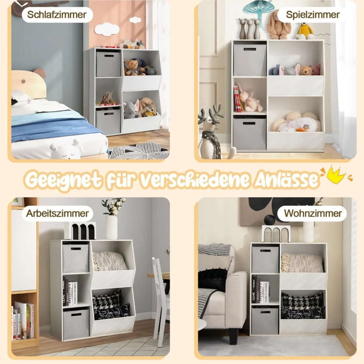 Bücherregal Kinder 3-stöckiges Kinderregal mit 2 Boxen & 5 Fächern 77 x 29 x 94 cm Weiß+Grau