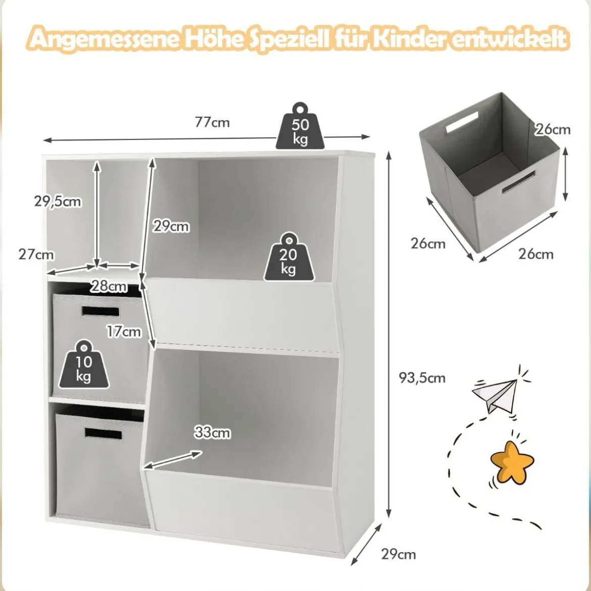 Bücherregal Kinder 3-stöckiges Kinderregal mit 2 Boxen & 5 Fächern 77 x 29 x 94 cm Weiß+Grau