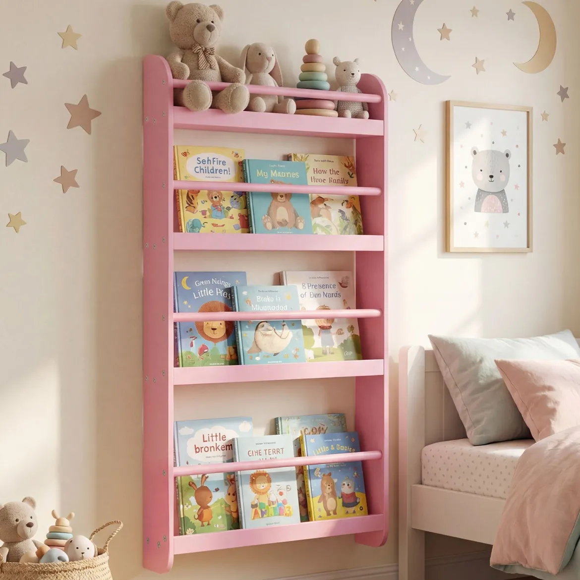 Bücherregal Kinder Wandregal mit 4 Ablagen Platzsparendes Hängeregal für Bücher und Spielzeug Weiß/Rosa