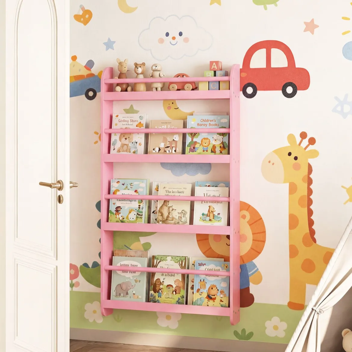 Bücherregal Kinder Wandregal mit 4 Ablagen Platzsparendes Hängeregal für Bücher und Spielzeug Weiß/Rosa