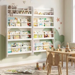 Bücherregal Kinder Wandregal mit 4 Ablagen Platzsparendes Hängeregal für Bücher und Spielzeug Weiß/Rosa