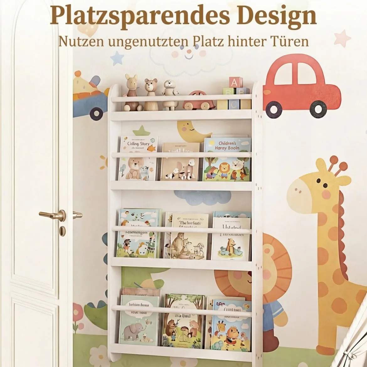 Bücherregal Kinder Wandregal mit 4 Ablagen Platzsparendes Hängeregal für Bücher und Spielzeug Weiß/Rosa
