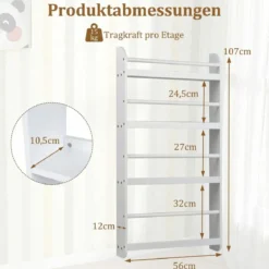 Bücherregal Kinder Wandregal mit 4 Ablagen Platzsparendes Hängeregal für Bücher und Spielzeug Weiß/Rosa