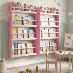 Bücherregal Kinder Wandregal mit 4 Ablagen Platzsparendes Hängeregal für Bücher und Spielzeug Weiß/Rosa