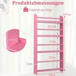 Bücherregal Kinder Wandregal mit 4 Ablagen Platzsparendes Hängeregal für Bücher und Spielzeug Weiß/Rosa