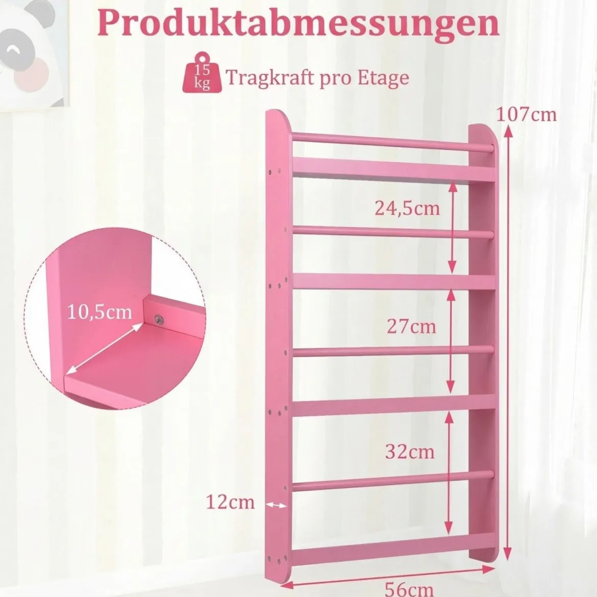 Bücherregal Kinder Wandregal mit 4 Ablagen Platzsparendes Hängeregal für Bücher und Spielzeug Weiß/Rosa