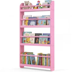 Bücherregal Kinder Wandregal mit 4 Ablagen Platzsparendes Hängeregal für Bücher und Spielzeug Weiß/Rosa