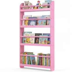 Bücherregal Kinder Wandregal mit 4 Ablagen Platzsparendes Hängeregal für Bücher und Spielzeug Weiß/Rosa
