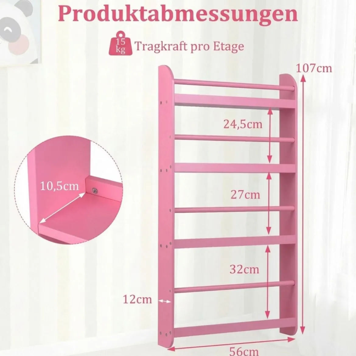 Bücherregal Kinder Wandregal mit 4 Ablagen Platzsparendes Hängeregal für Bücher und Spielzeug Weiß/Rosa