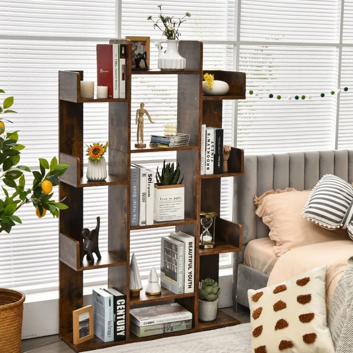 Bücherregal mit 13 Ablagen Standregal Ecke Büroregal freistehend Aktenregal 86 x 23,5 x 140,5 cm Rustikales Braun