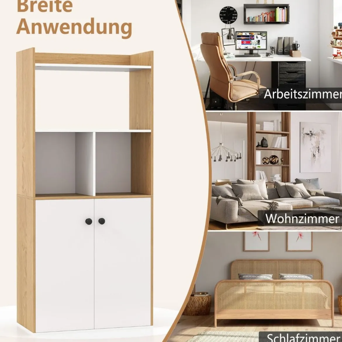 Bücherregal mit Doppeltürschrank 3-stöckiges Standregal mit Offenen Fächern 60 x 30 x 133 cm