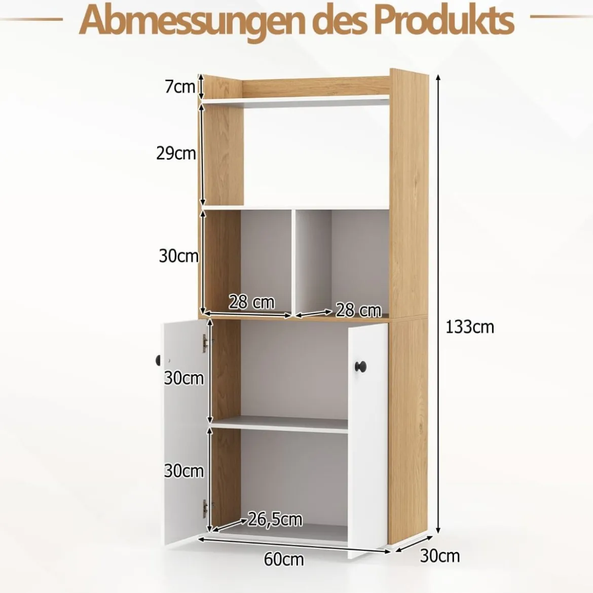Bücherregal mit Doppeltürschrank 3-stöckiges Standregal mit Offenen Fächern 60 x 30 x 133 cm