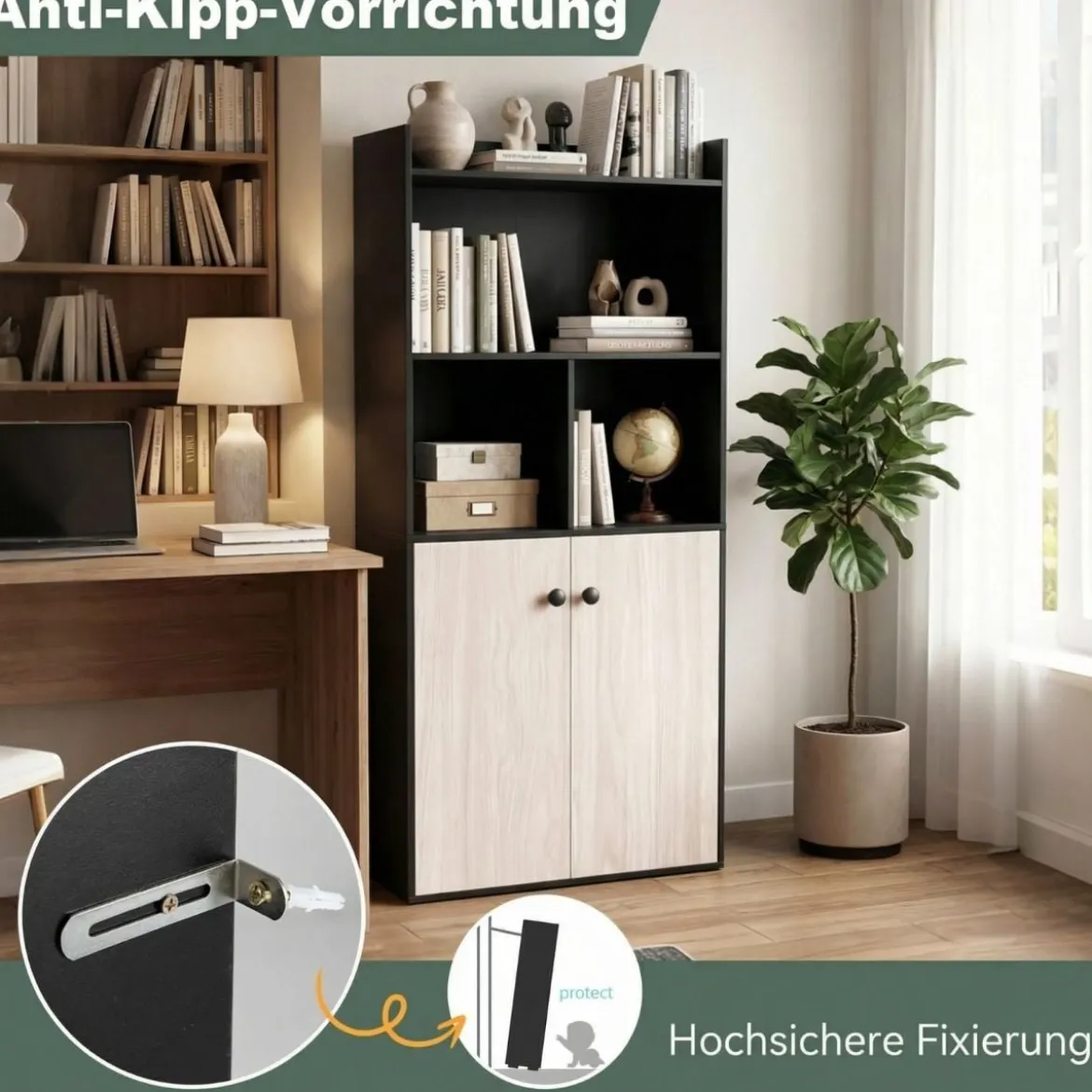 Bücherregal mit Doppeltürschrank 3-stöckiges Standregal mit Offenen Fächern Schwarz