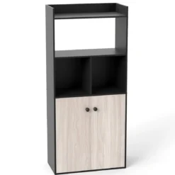 Bücherregal mit Doppeltürschrank 3-stöckiges Standregal mit Offenen Fächern Schwarz