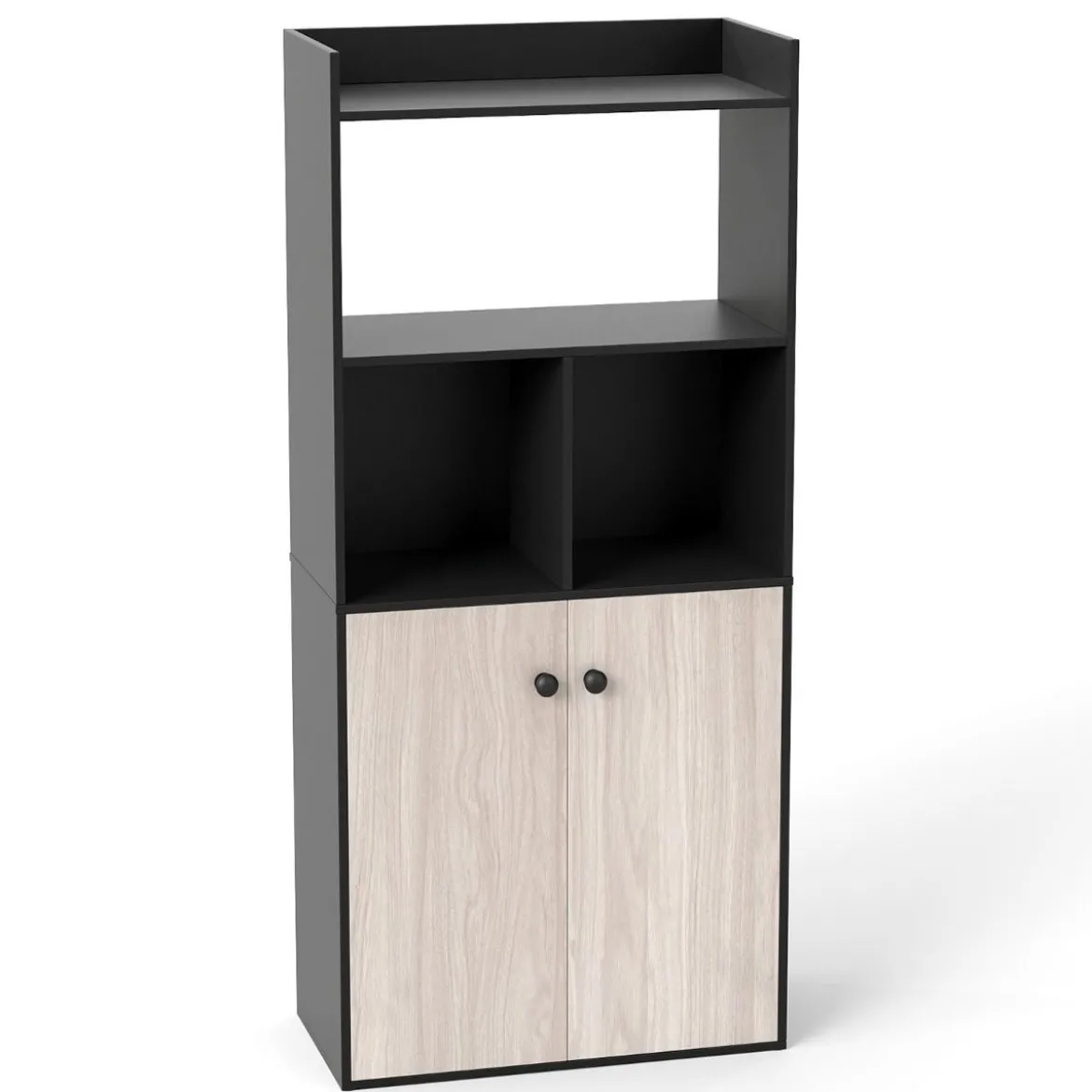 Bücherregal mit Doppeltürschrank 3-stöckiges Standregal mit Offenen Fächern Schwarz