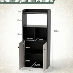 Bücherregal mit Doppeltürschrank 3-stöckiges Standregal mit Offenen Fächern Schwarz