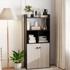 Bücherregal mit Doppeltürschrank 3-stöckiges Standregal mit Offenen Fächern Schwarz