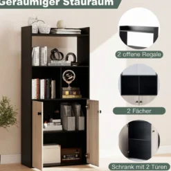 Bücherregal mit Doppeltürschrank 3-stöckiges Standregal mit Offenen Fächern Schwarz