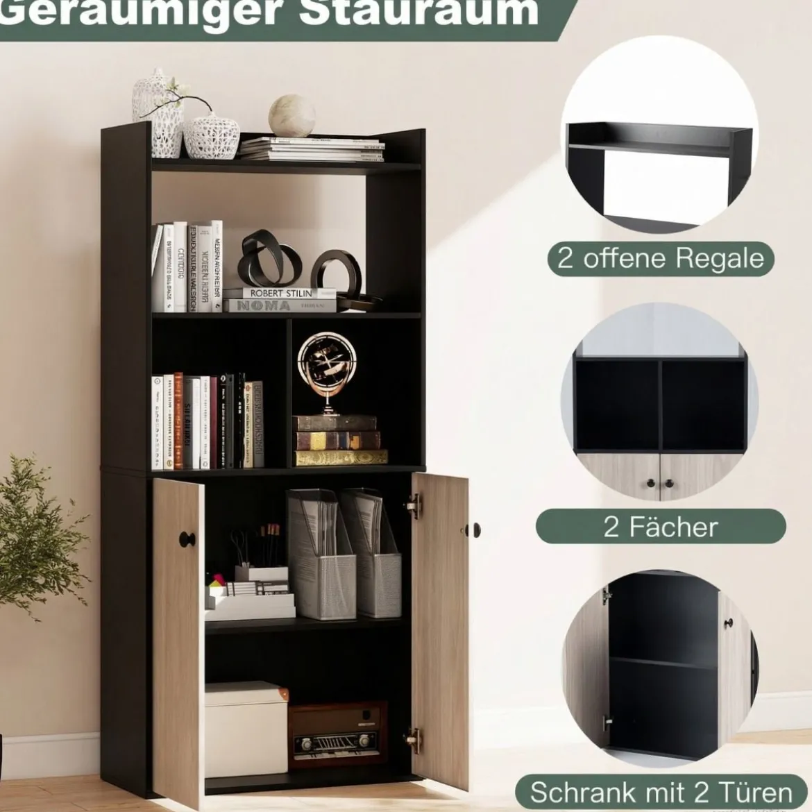 Bücherregal mit Doppeltürschrank 3-stöckiges Standregal mit Offenen Fächern Schwarz