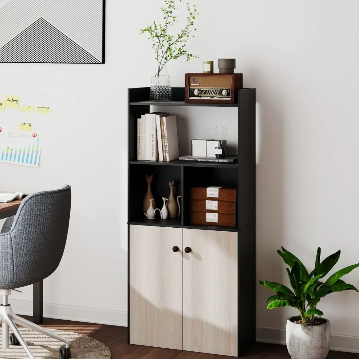 Bücherregal mit Doppeltürschrank 3-stöckiges Standregal mit Offenen Fächern Schwarz