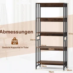 Bücherregal mit 5 Ebenen im Industriellen Stil Lagerregale Etagerenregal Standregal Braun