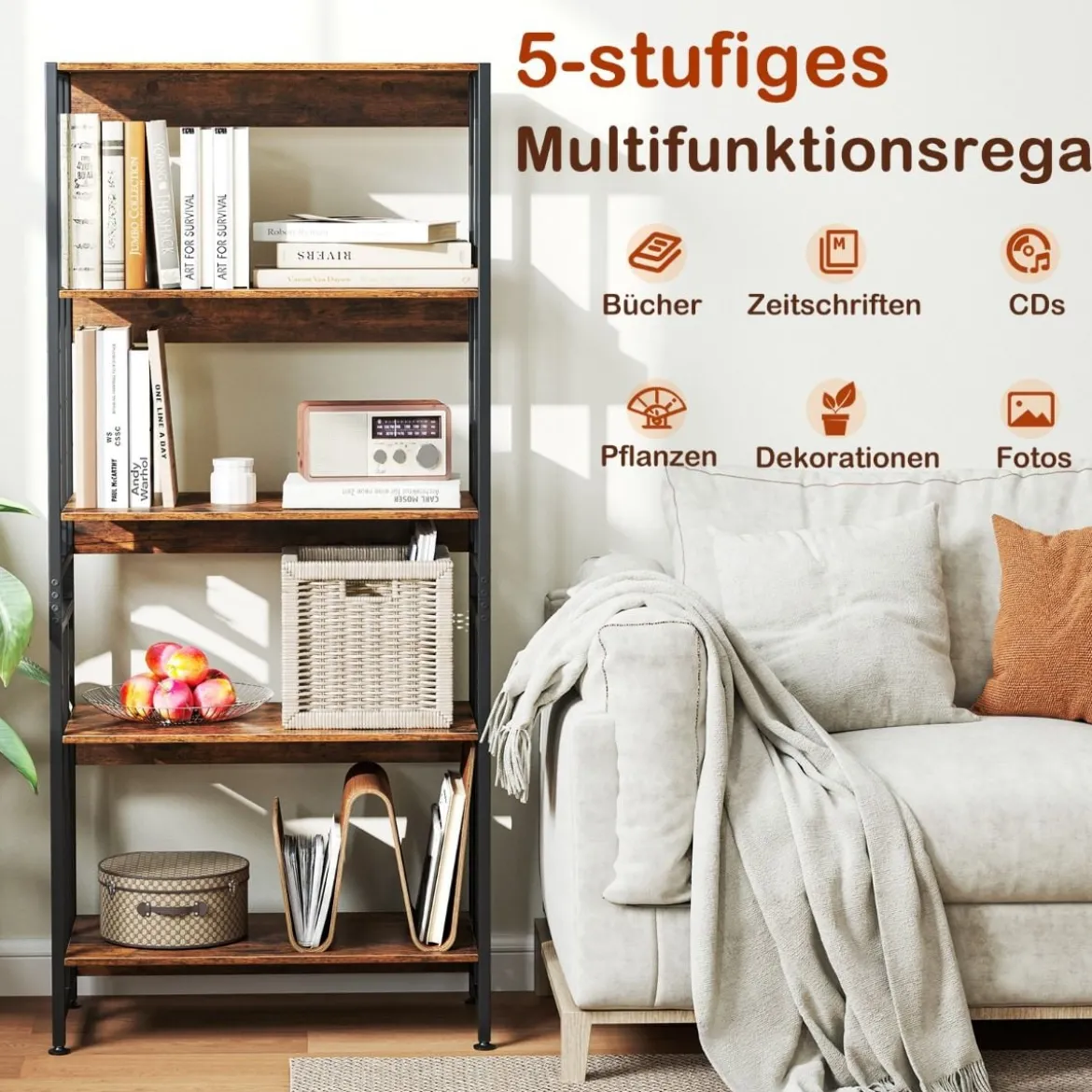 Bücherregal mit 5 Ebenen im Industriellen Stil Lagerregale Etagerenregal Standregal Braun