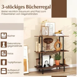 Bücherregal mit 3 Ebenen Industrielles Aufbewahrungsregal mit 3 Offenen Regalen & Stabilem Metallrahmen