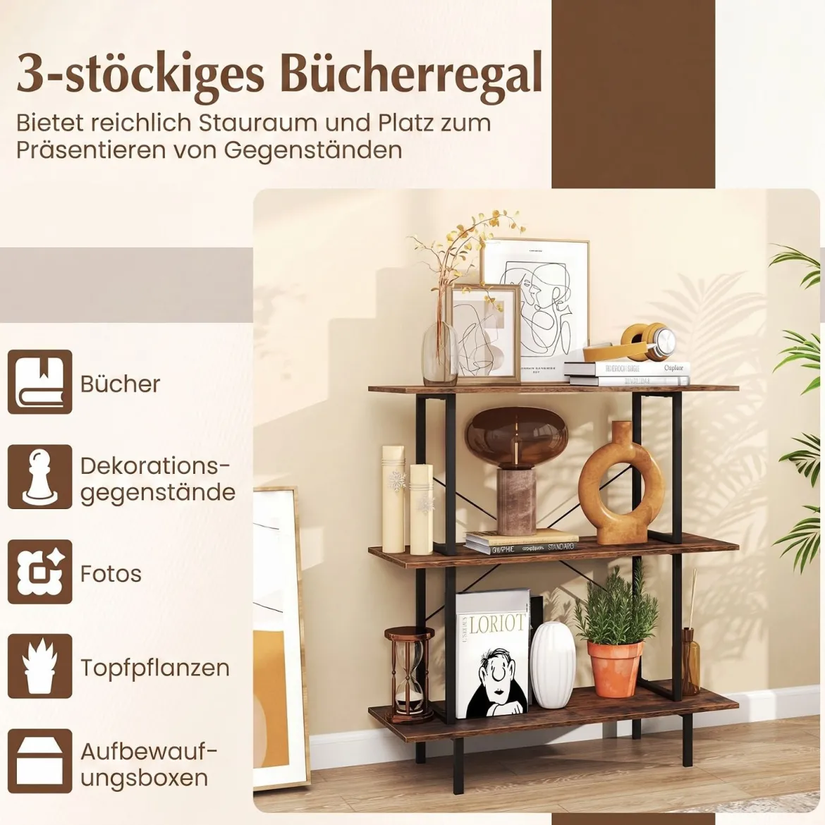Bücherregal mit 3 Ebenen Industrielles Aufbewahrungsregal mit 3 Offenen Regalen & Stabilem Metallrahmen