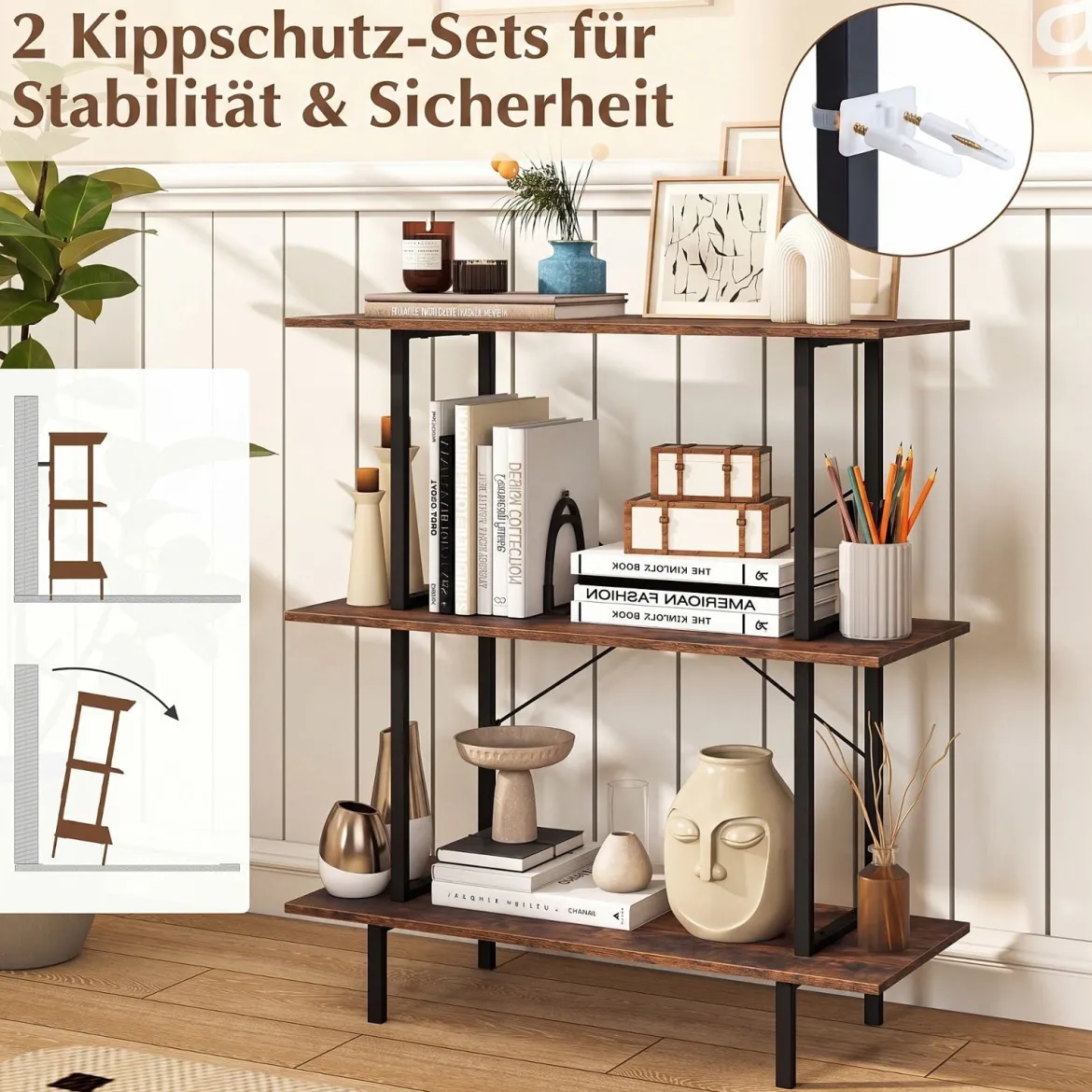 Bücherregal mit 3 Ebenen Industrielles Aufbewahrungsregal mit 3 Offenen Regalen & Stabilem Metallrahmen