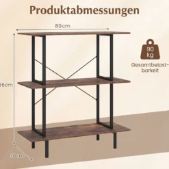 Bücherregal mit 3 Ebenen Industrielles Aufbewahrungsregal mit 3 Offenen Regalen & Stabilem Metallrahmen
